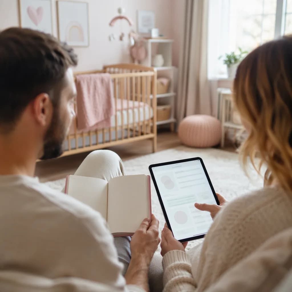 Expectant parents reviewing baby name ideas in a cozy pastel nursery