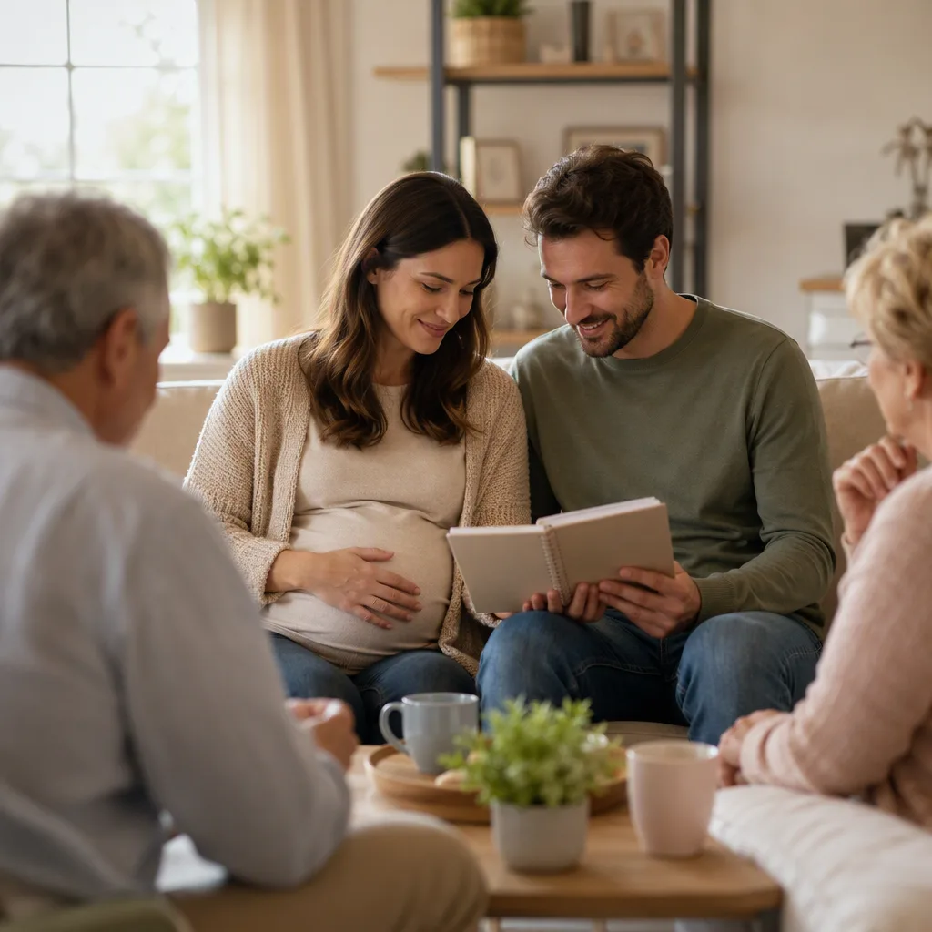 Expectant parents discussing baby names with family in a cozy living room.