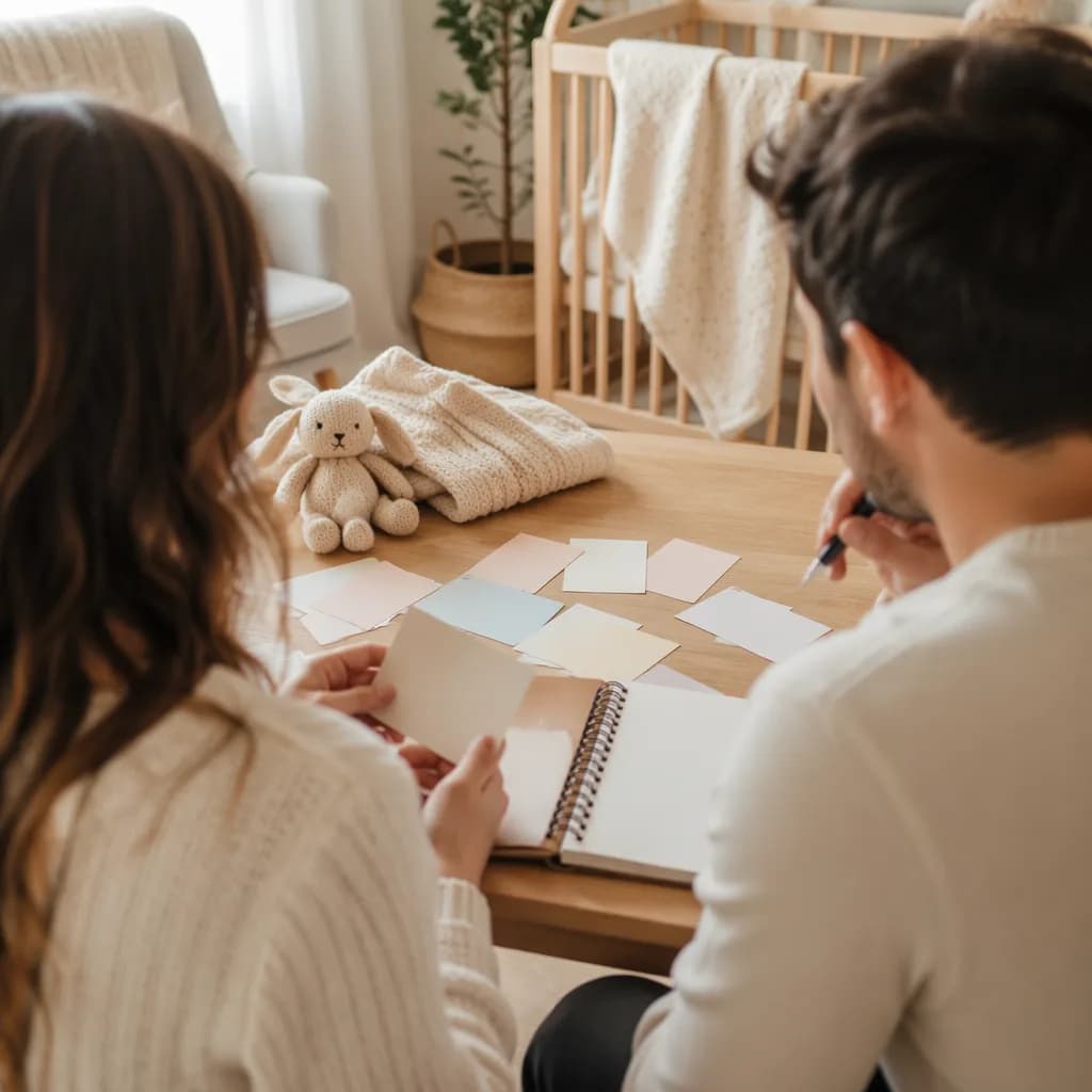 Expectant parents in a cozy nursery reviewing blank name cards for baby name ideas.