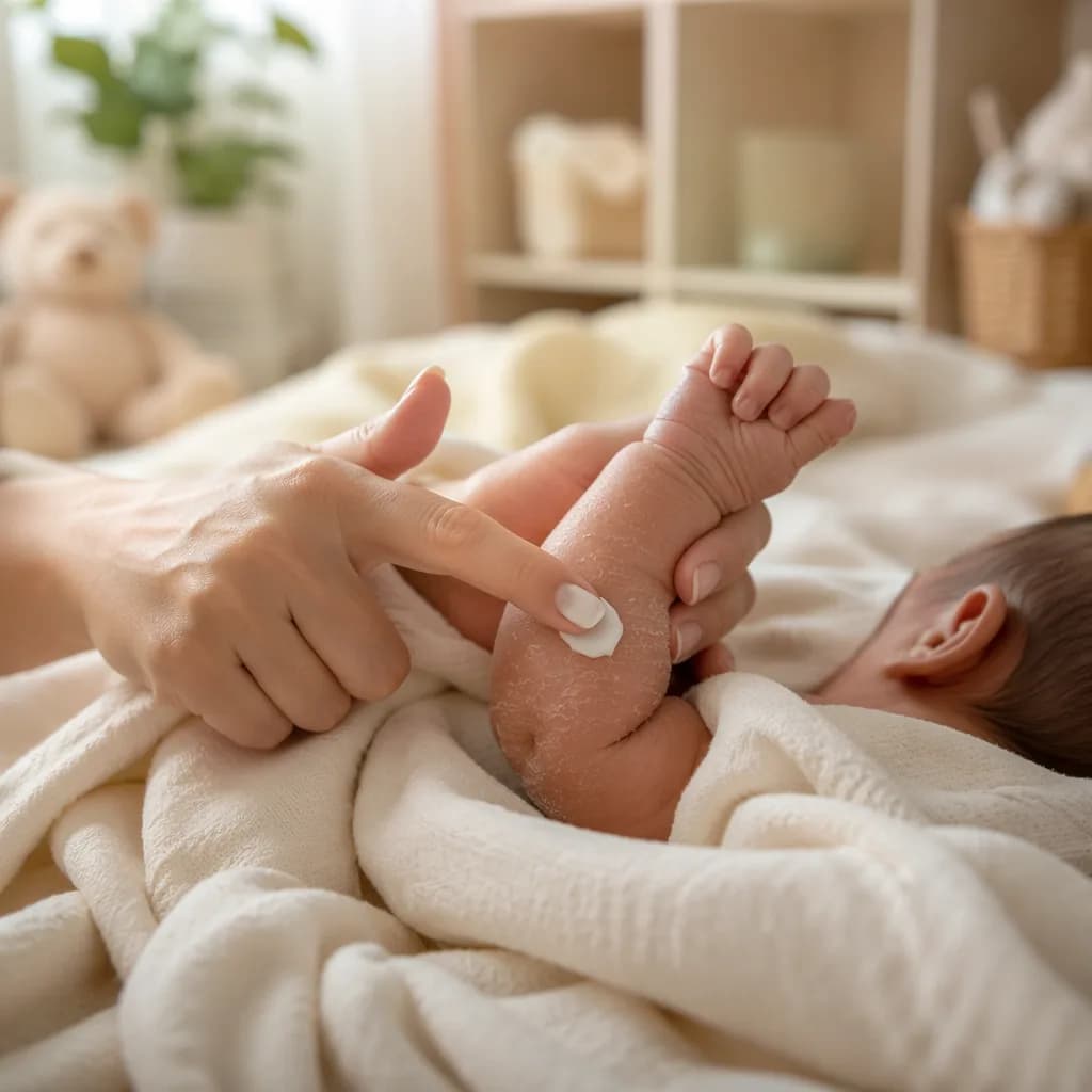 Caregiver gently moisturizing a newborn’s dry skin in a softly lit nursery