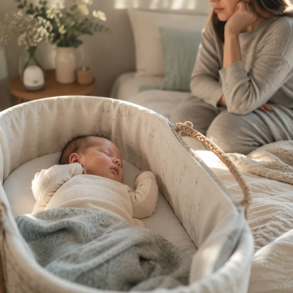 Newborn baby sleeping peacefully in a cozy bassinet near a parent.