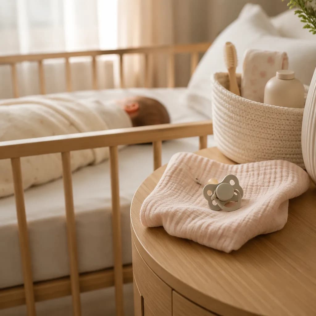 Cozy nursery with a baby resting near a pacifier and soft baby essentials.