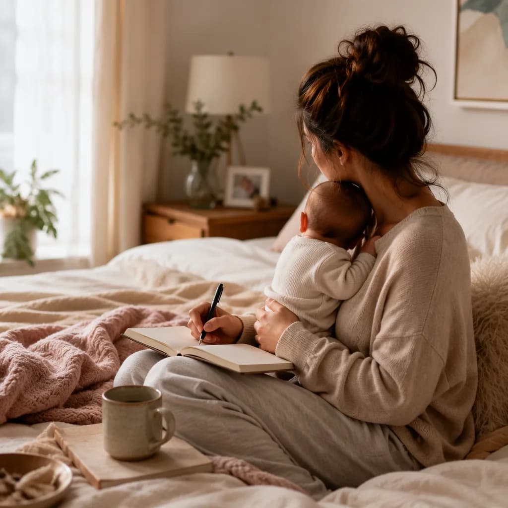 New mother holding her baby in a cozy bedroom while journaling in soft natural light.