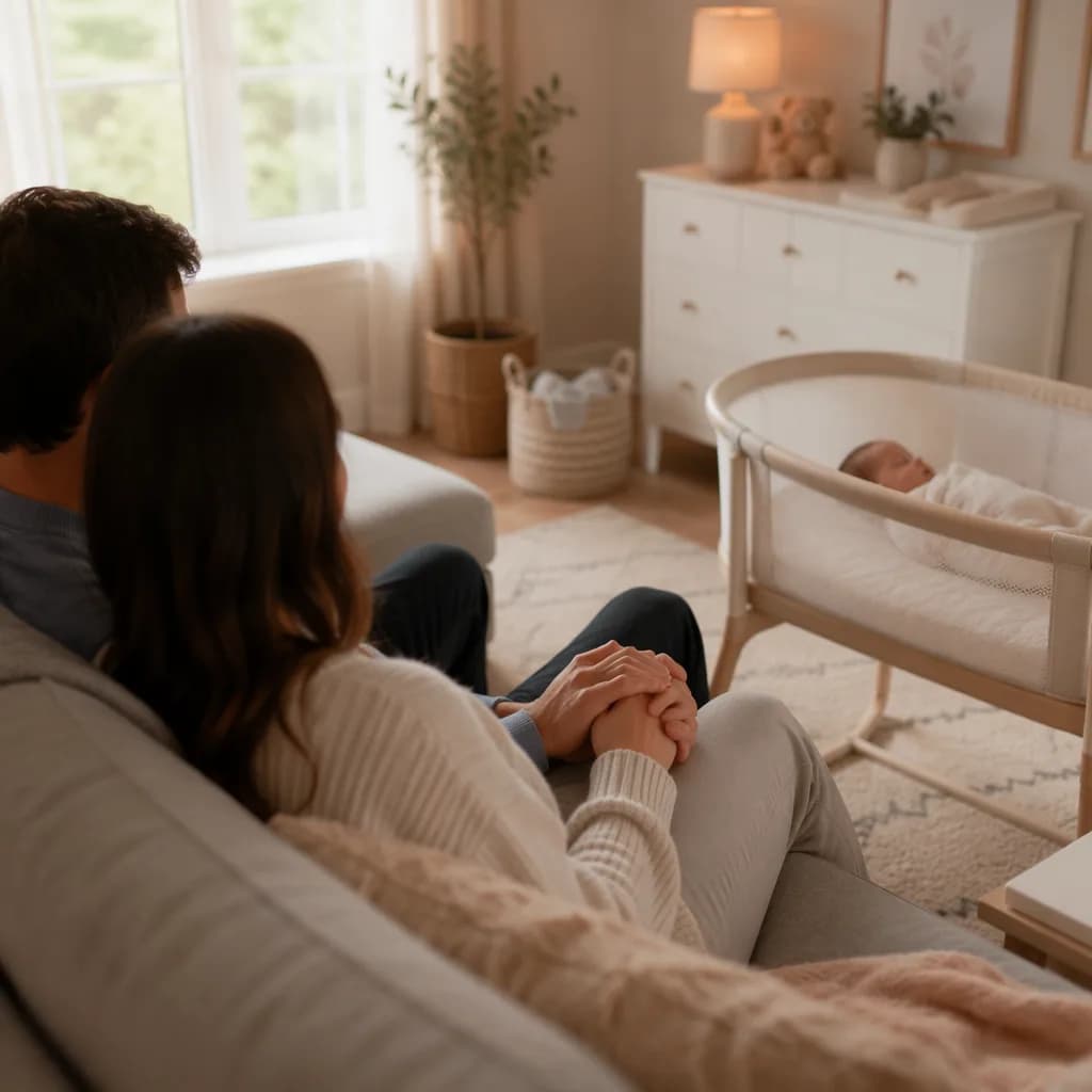 New parents holding hands near a sleeping baby in a cozy nursery.