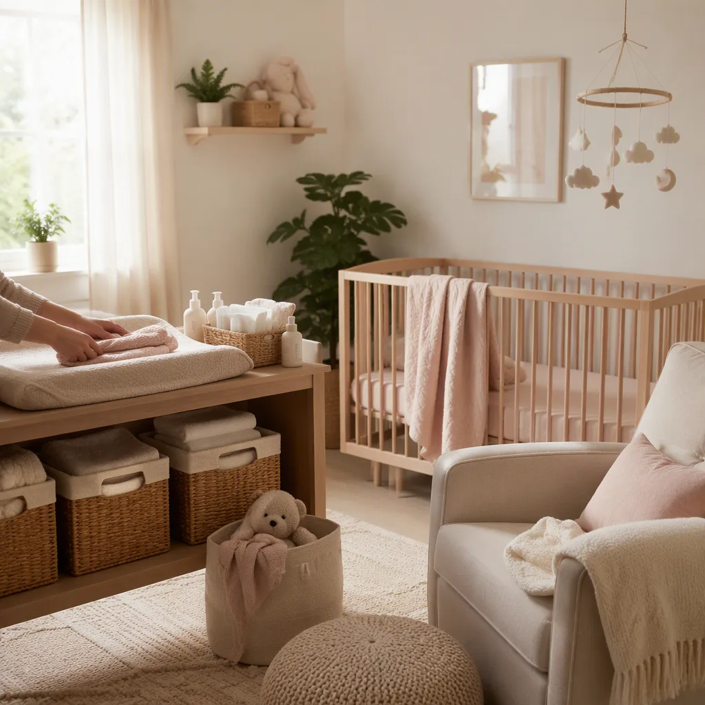 Calm pastel nursery with crib, changing table, and baby care essentials.