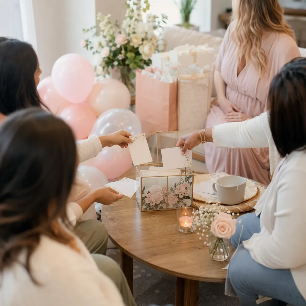 Cozy pastel baby shower scene with guests sharing keepsakes for expecting parents.