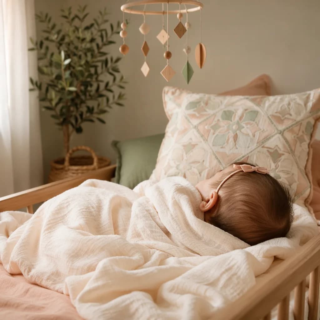 A softly lit nursery with a baby girl wrapped in a cream blanket, surrounded by gentle pastel decor and greenery.