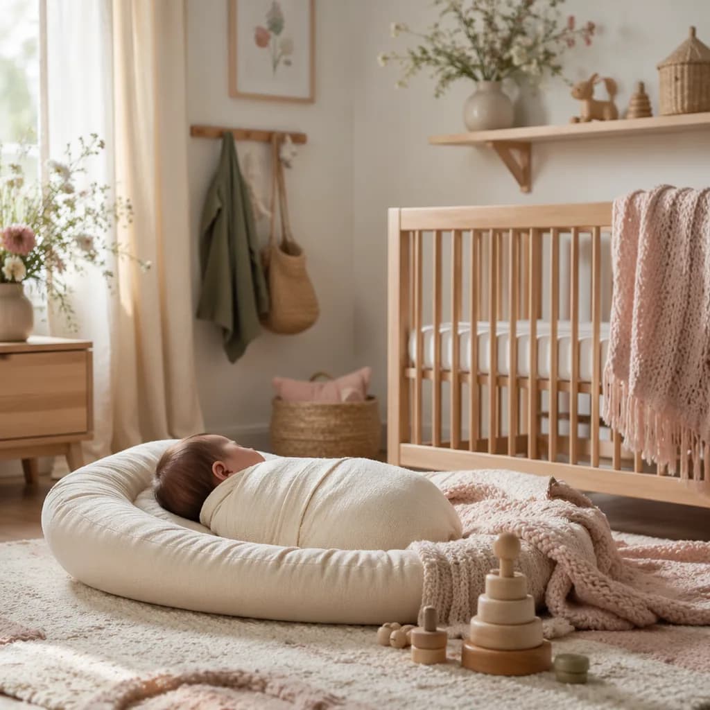 Soft pastel nursery with a swaddled sleeping baby, wooden toys, and meadow flowers.