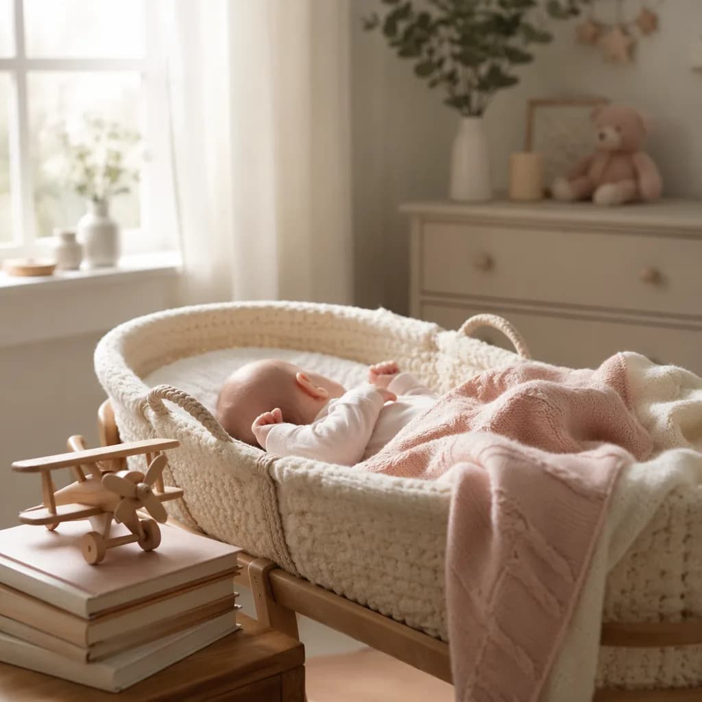 A peaceful baby in a pastel nursery with a wooden toy airplane and soft blankets.