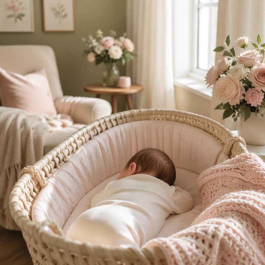 A serene pastel nursery with a sleeping baby in a bassinet beside soft English roses.
