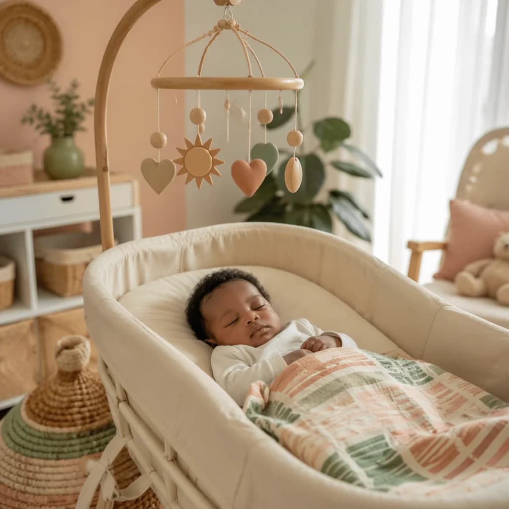 Peaceful West African baby sleeping in a warm pastel nursery with woven decor.