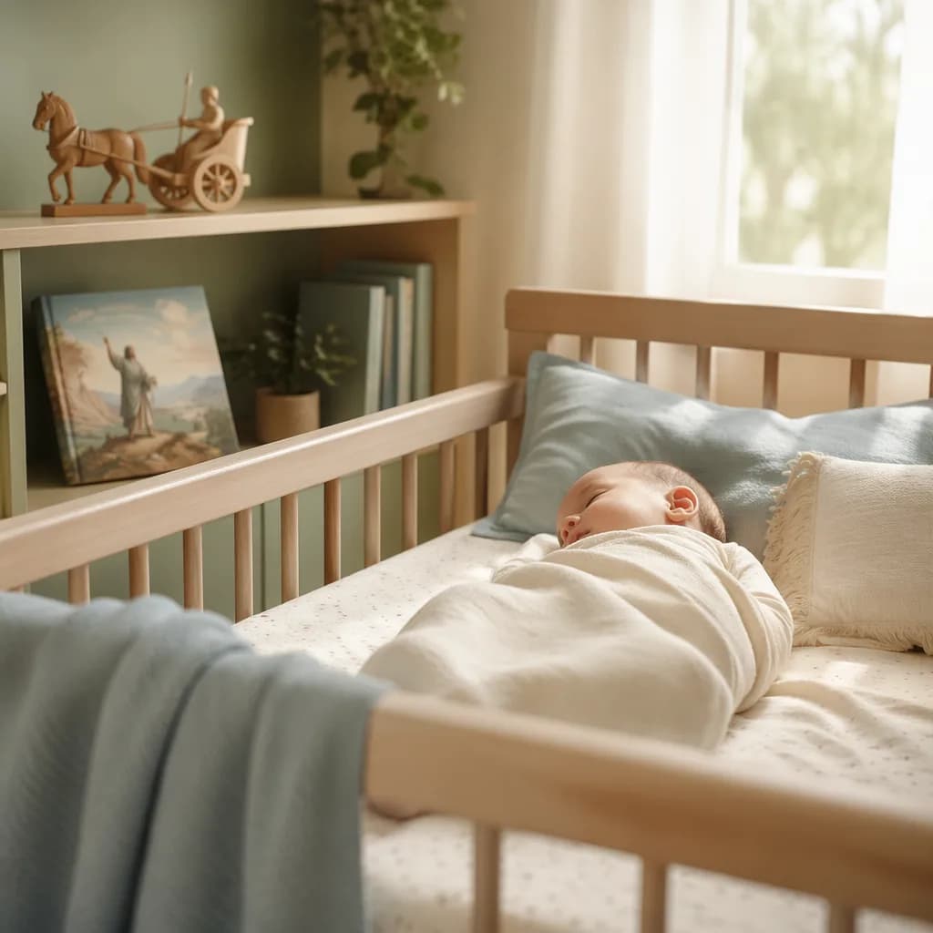 A peaceful pastel nursery with a swaddled baby and subtle Elijah-inspired keepsakes.