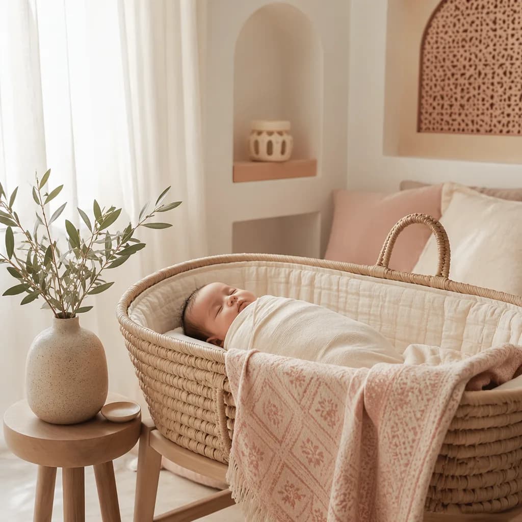 Sleeping newborn in a warm pastel Arabic-inspired nursery