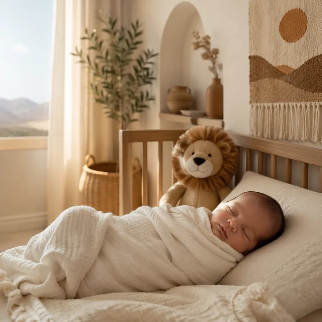 Sleeping baby in a soft nursery with a plush lion toy, evoking the Arabic name Hamza.