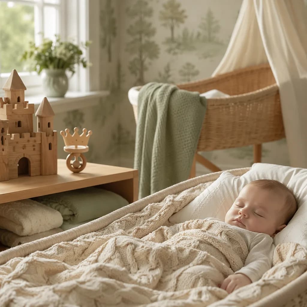 Sleeping baby in a cozy pastel nursery with a wooden toy castle and crown rattle.