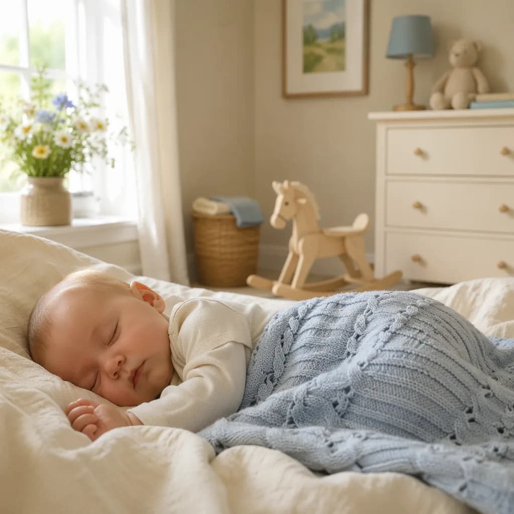 Peaceful baby in a soft English-inspired nursery with pastel linens and wildflowers.