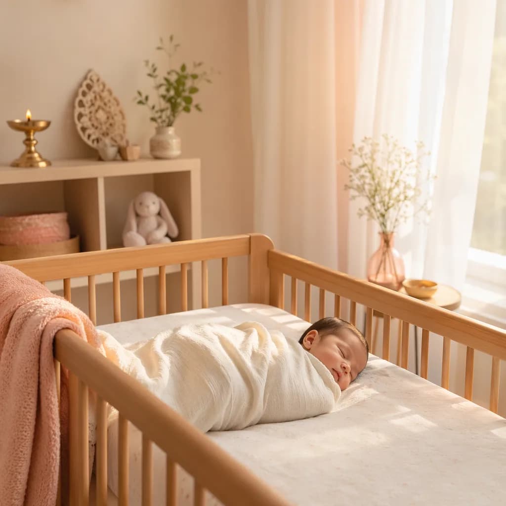 A softly lit pastel nursery with a sleeping swaddled baby, evoking the bright and precious meaning of Kiara.
