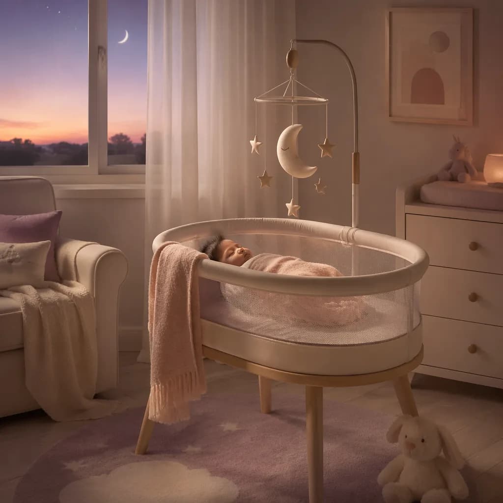 Peaceful pastel nursery at dusk with a sleeping baby and crescent moon mobile.