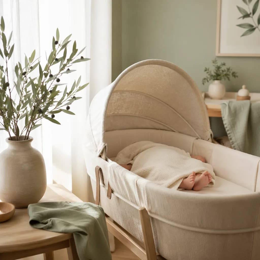 Cozy pastel nursery with olive branch decor and a softly swaddled baby.