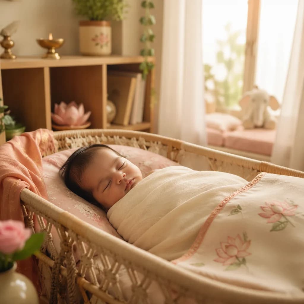A softly lit cozy nursery with a swaddled sleeping baby and subtle lotus-inspired decor.