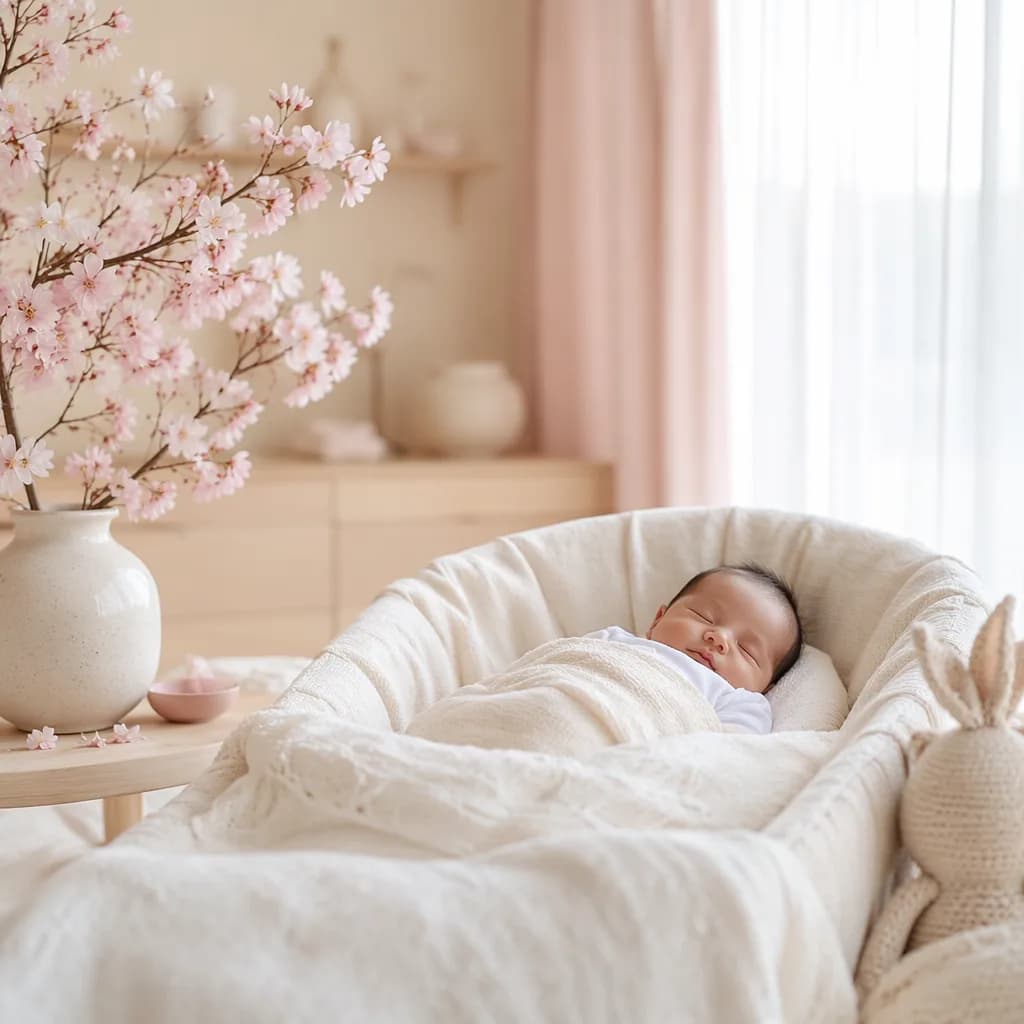 Sleeping baby in a soft nursery with pale pink cherry blossoms.