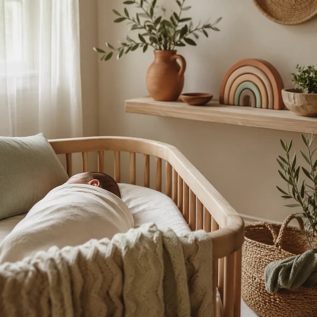 A cozy pastel nursery with a swaddled sleeping baby and subtle Mediterranean decor.