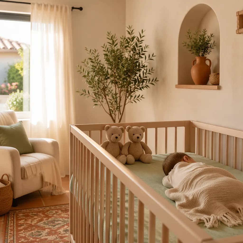 A peaceful Spanish-inspired nursery with a baby and two matching knitted teddy bears.