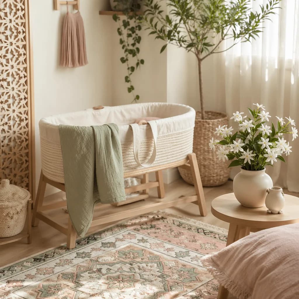 Cozy pastel nursery with jasmine flowers inspired by the Arabic name Yasmin
