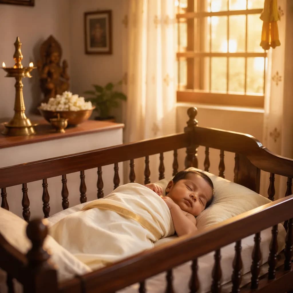 Sleeping newborn in a warm pastel Tamil-inspired nursery lit by sunrise.