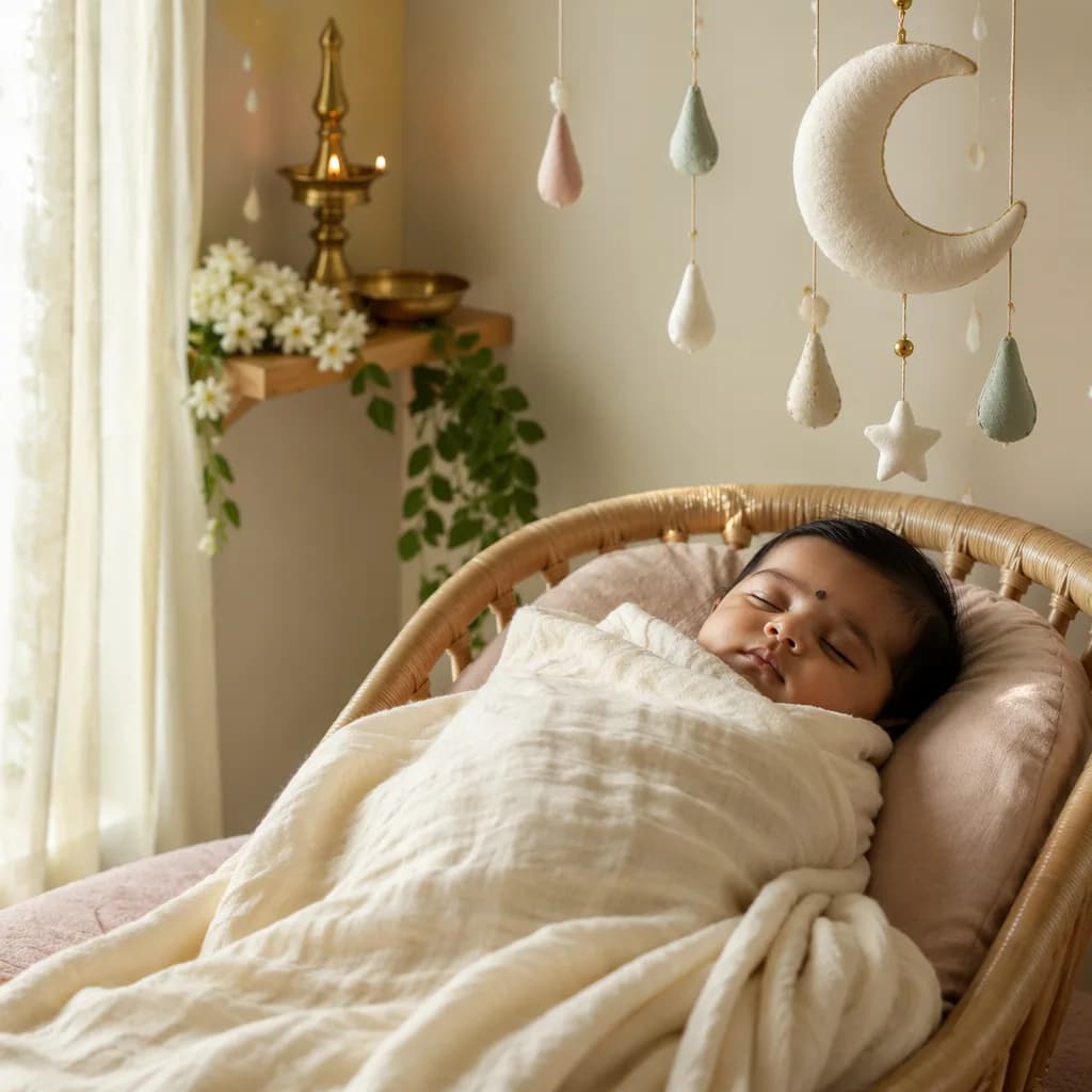 Sleeping Tamil baby in a soft pastel nursery with moon and rain-inspired decor.