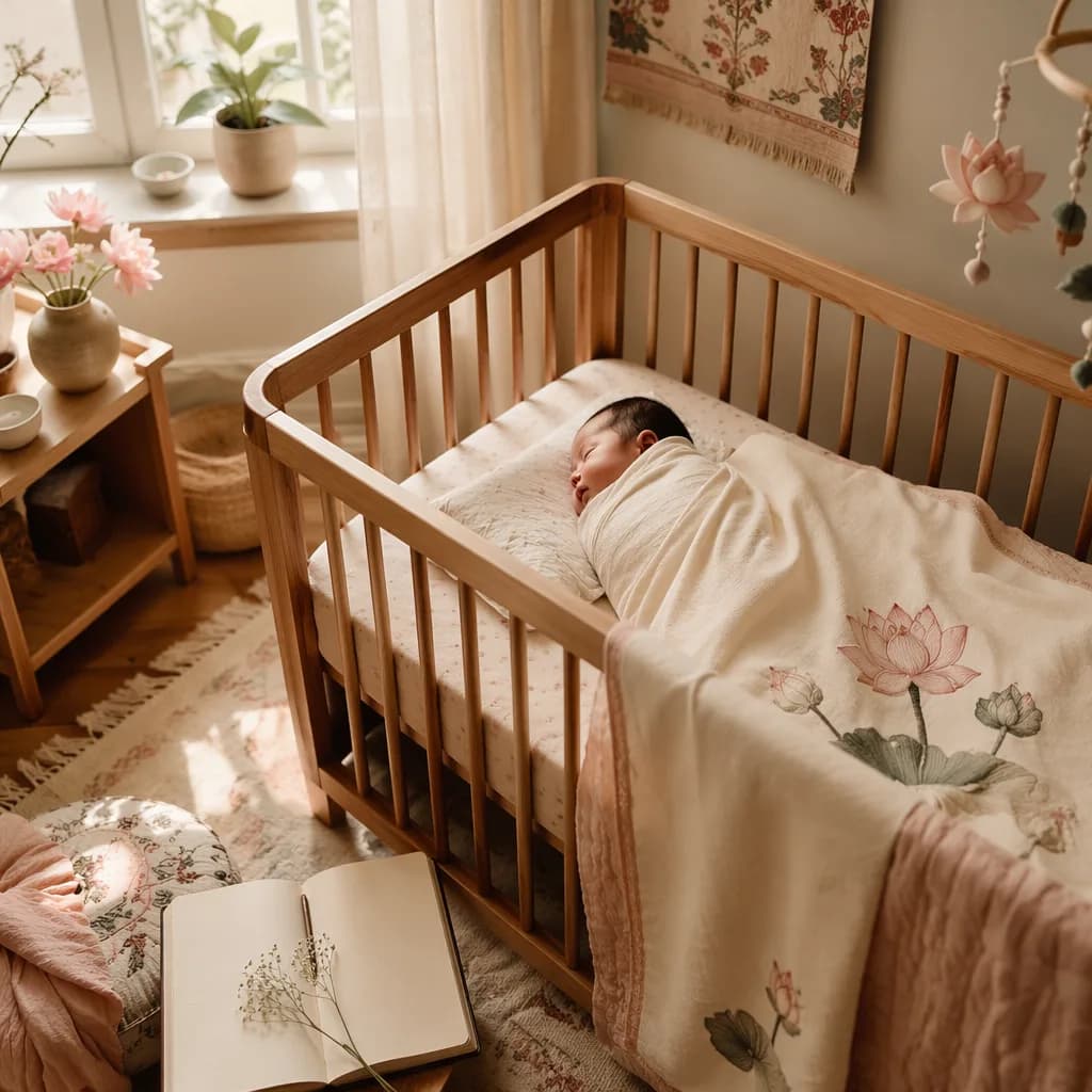 A serene pastel nursery with a swaddled newborn, lotus blanket, and poetry-inspired decor in soft natural light.