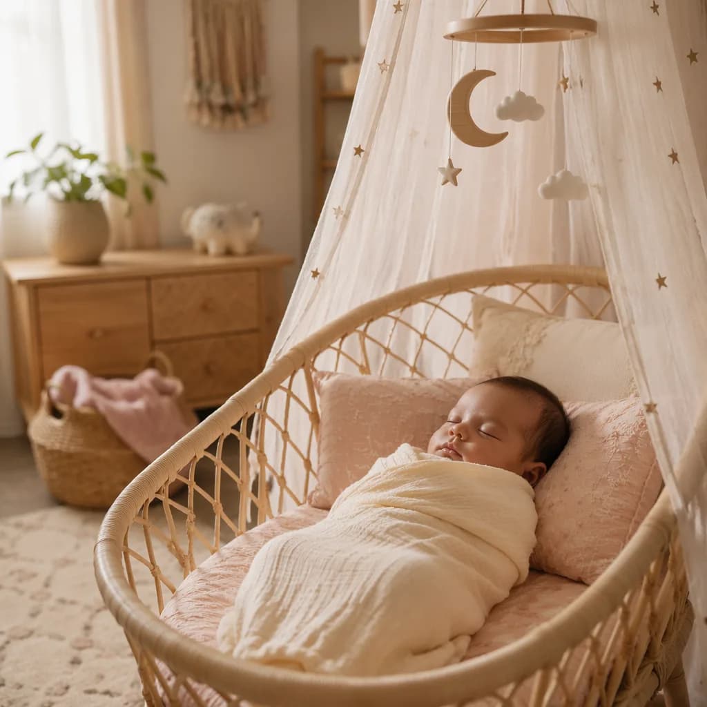 Sleeping swaddled baby in a soft pastel nursery with delicate fairy-inspired decor.