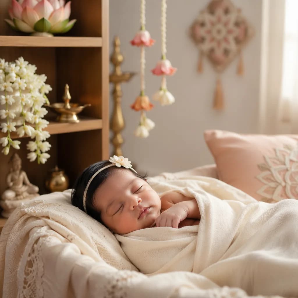 Sleeping Tamil newborn in a soft pastel nursery with jasmine and gentle South Indian decor.