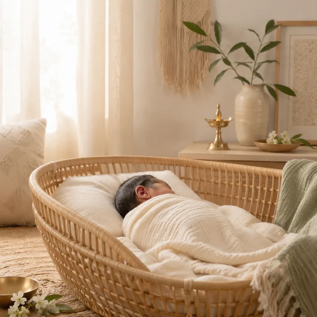 Peaceful newborn in a soft pastel nursery with gentle Sanskrit-inspired decor.
