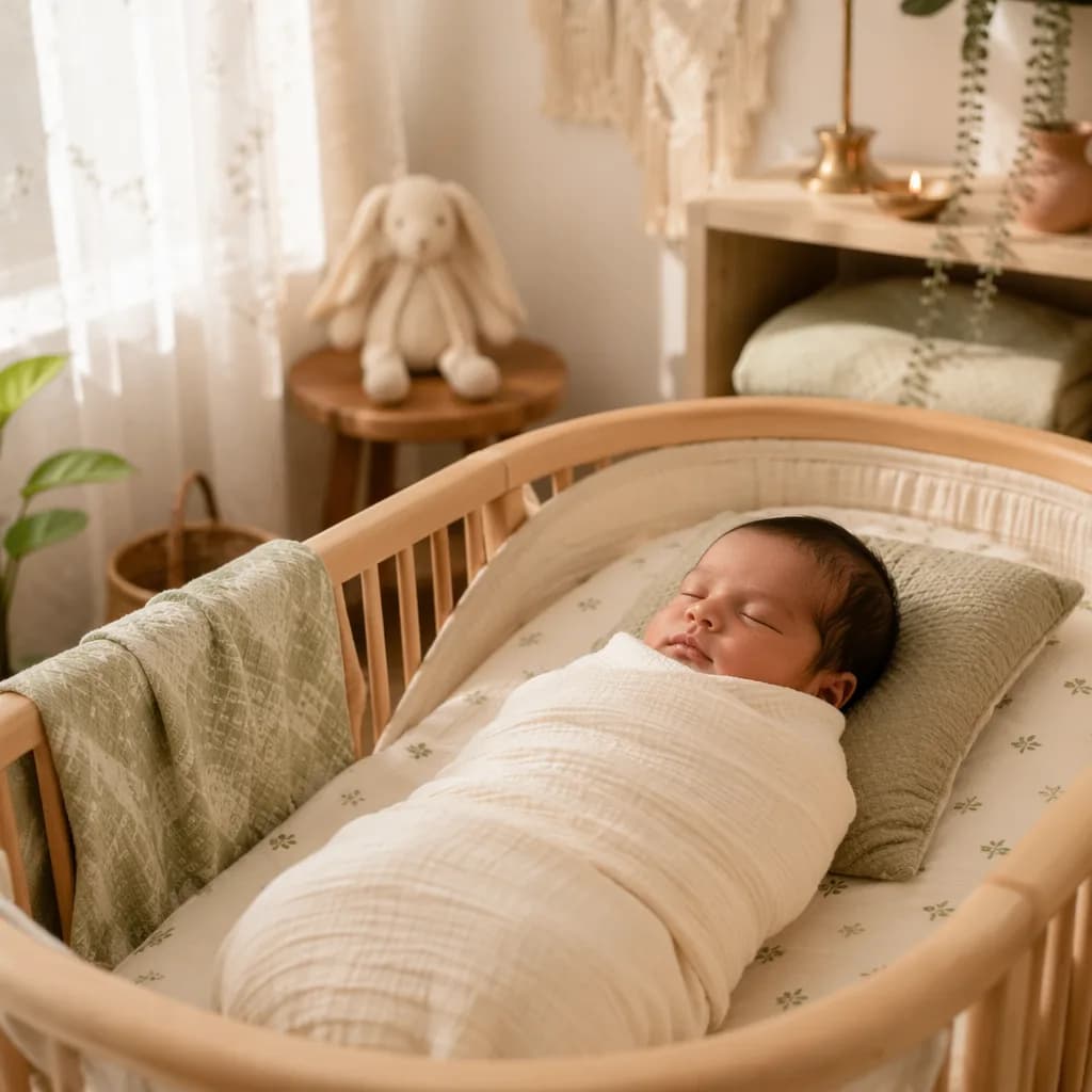 Peaceful newborn sleeping in a warm pastel nursery with subtle Indian-inspired decor.