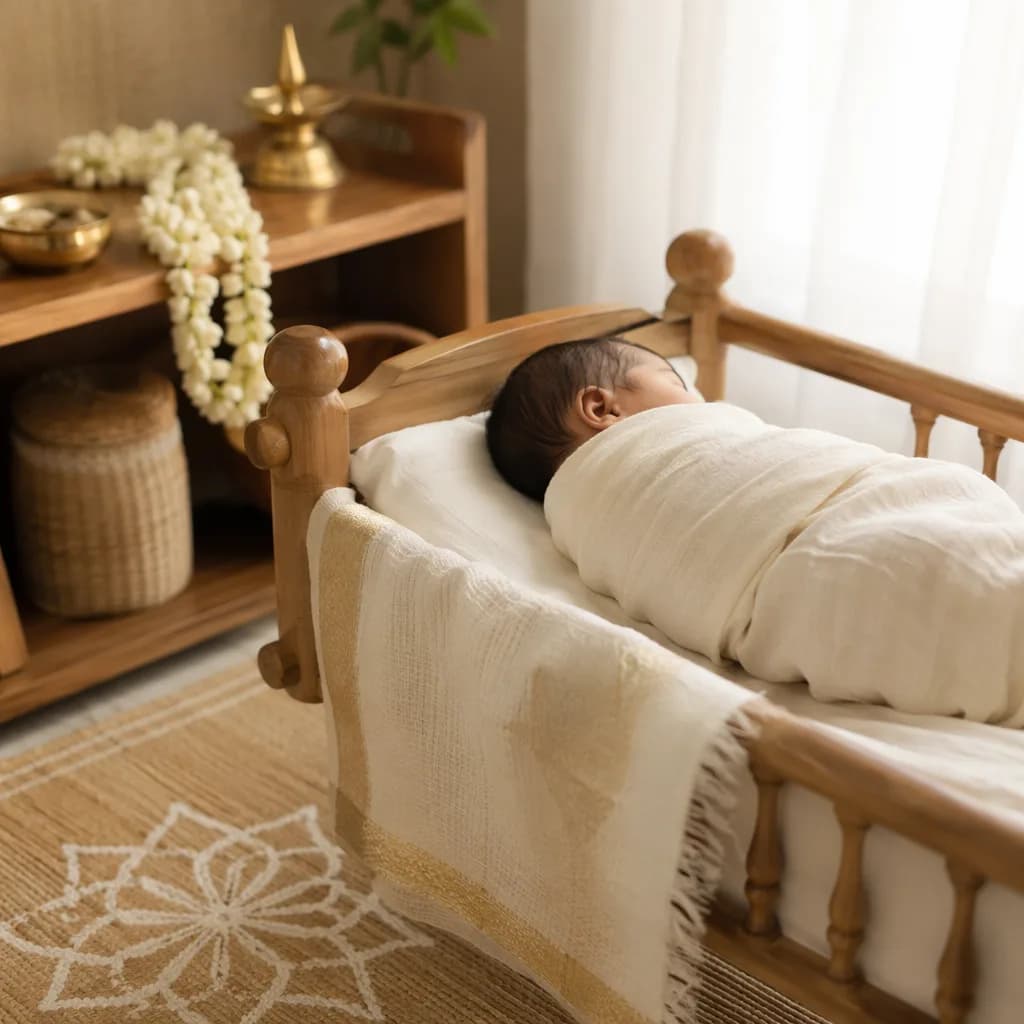 A peaceful Tamil-inspired nursery with a swaddled sleeping baby and soft jasmine accents.