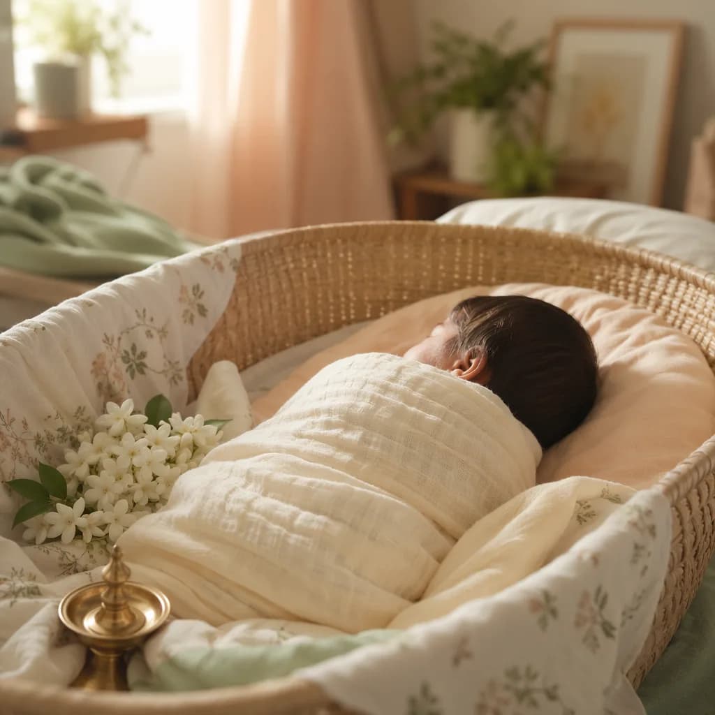 Soft pastel Tamil-inspired nursery with a swaddled newborn and jasmine flowers.