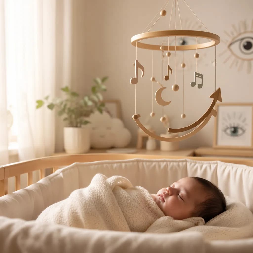 Soft pastel nursery with a sleeping swaddled baby and musical upward mobile.