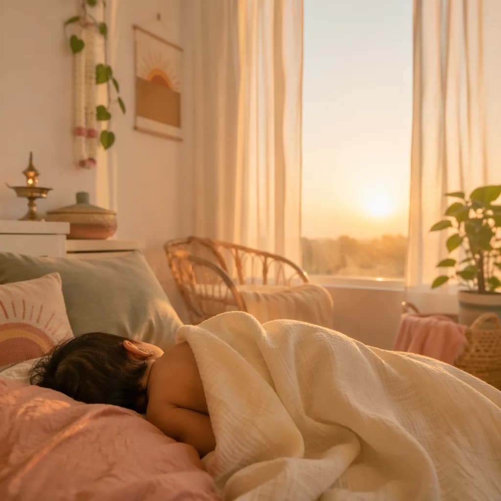 A peaceful baby in a sunlit pastel nursery inspired by the Tamil name Aathavan.