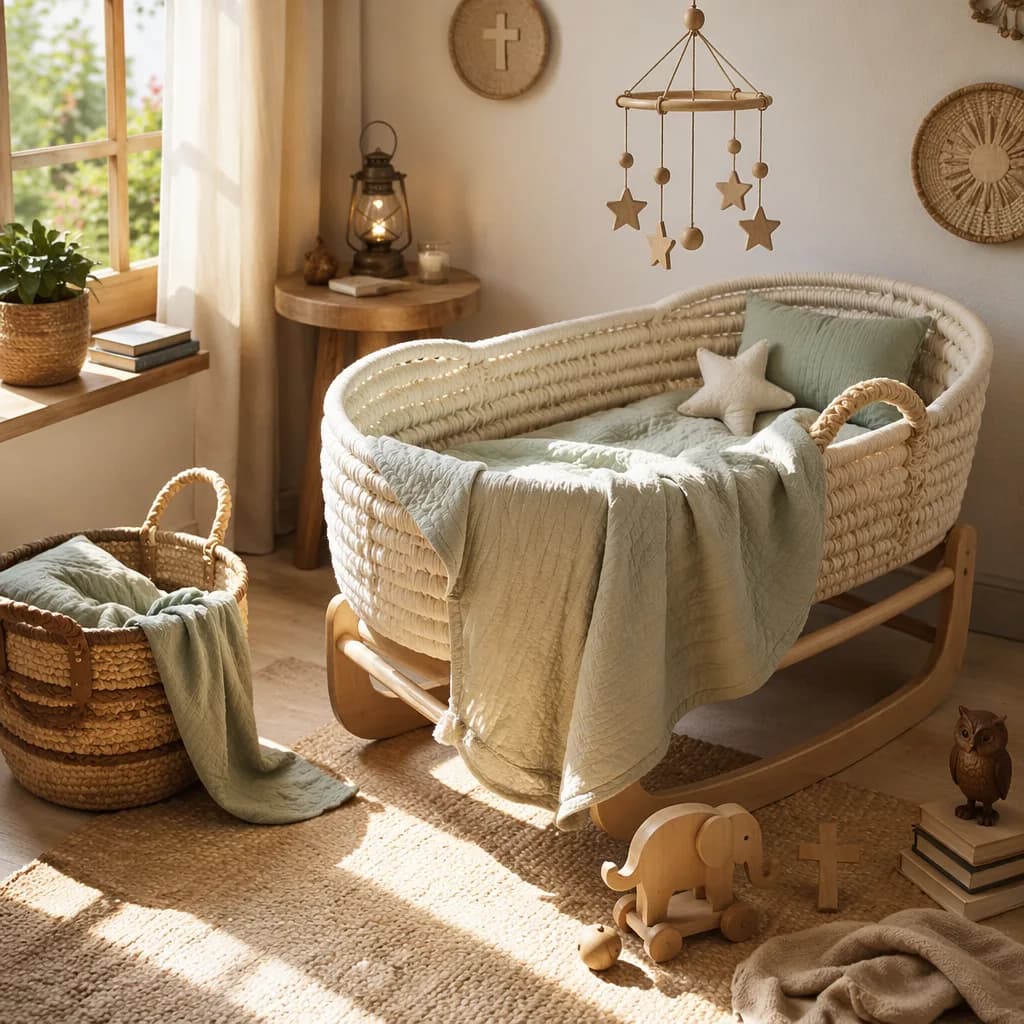 Soft East African-inspired nursery with a bassinet, woven basket, and warm morning light.
