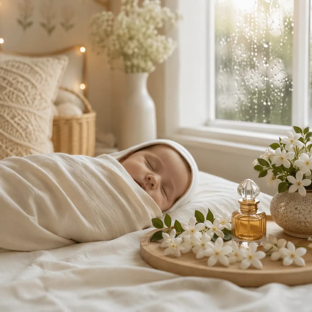 Sleeping swaddled newborn in a soft nursery with jasmine, perfume, and raindrops.