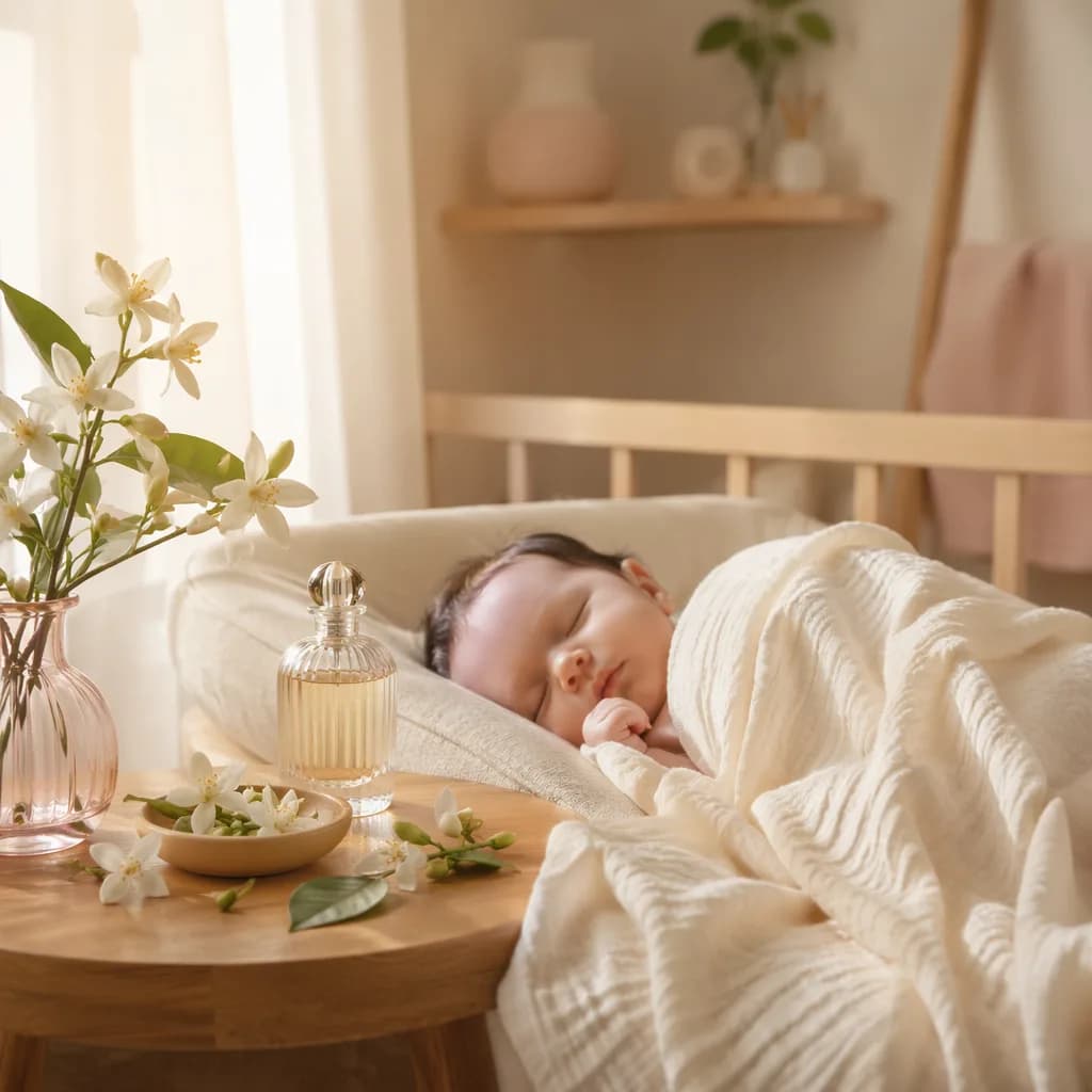 A peaceful pastel nursery with a sleeping baby and delicate fragrant blossoms.