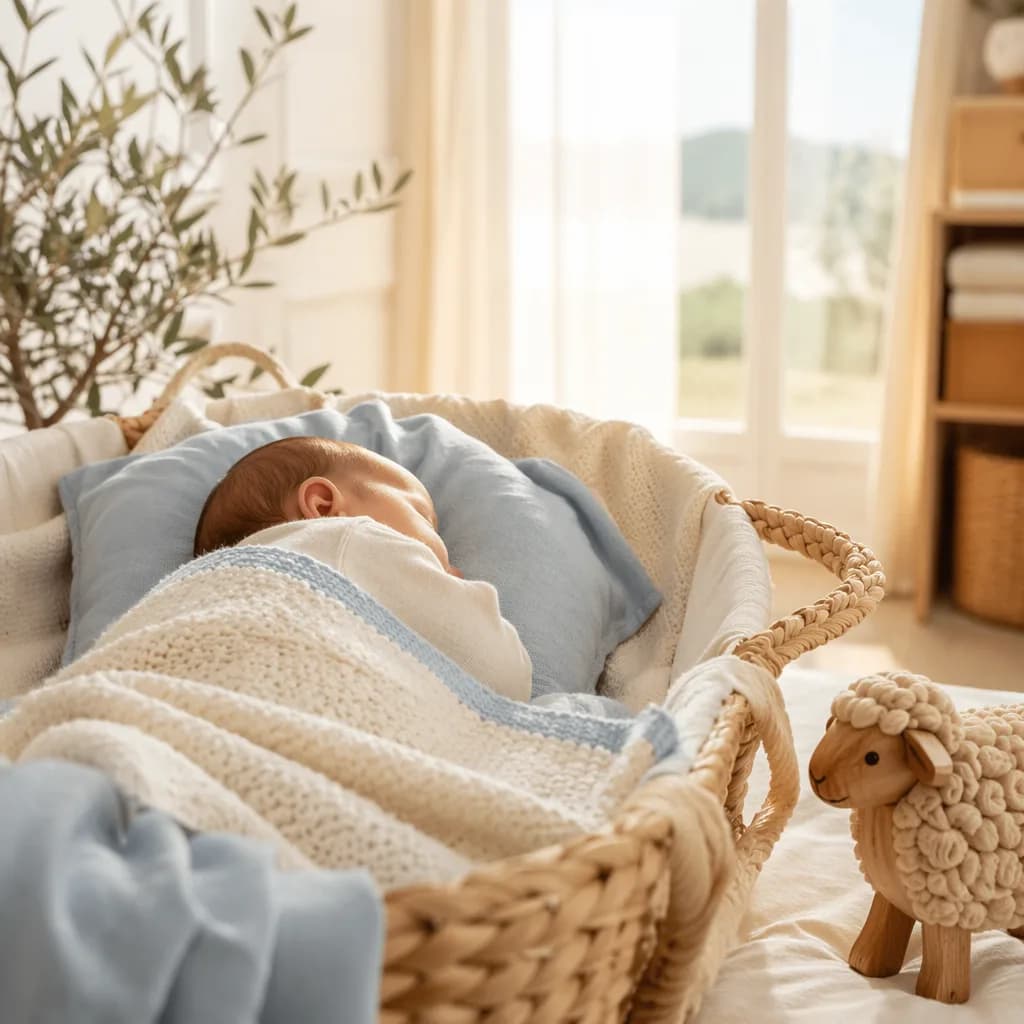 Peaceful newborn in a soft pastel nursery with a toy lamb and gentle natural light.