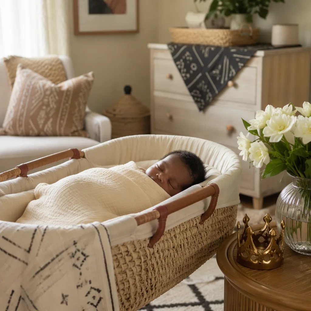 Sleeping newborn in a softly lit Yoruba-inspired nursery with woven textures and gentle symbolic accents.