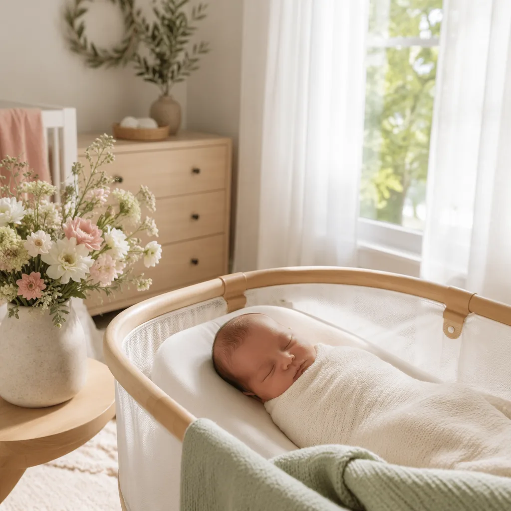 Sleeping newborn in a soft spring nursery with flowers and a laurel wreath.