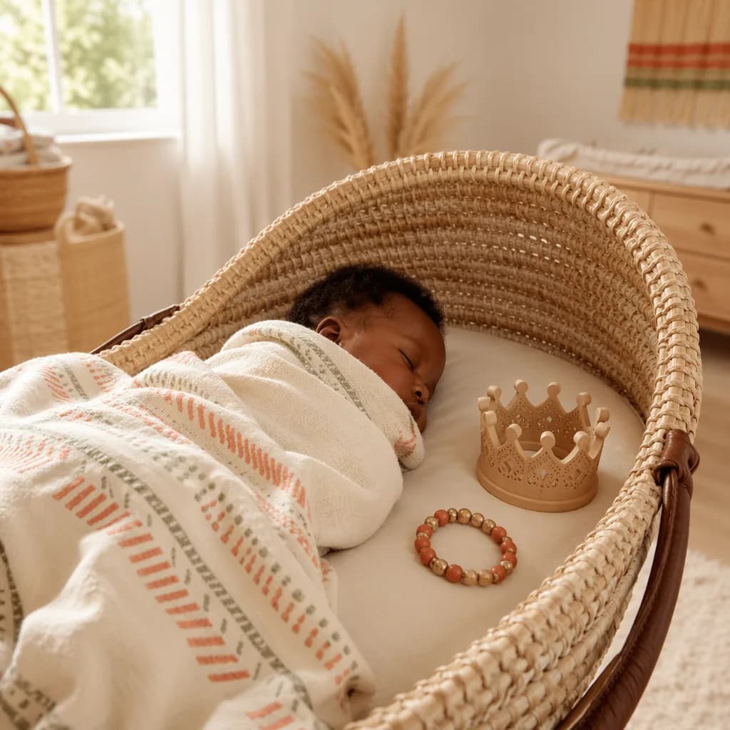 A peaceful Igbo baby sleeping in a cozy pastel nursery with a small crown keepsake nearby.