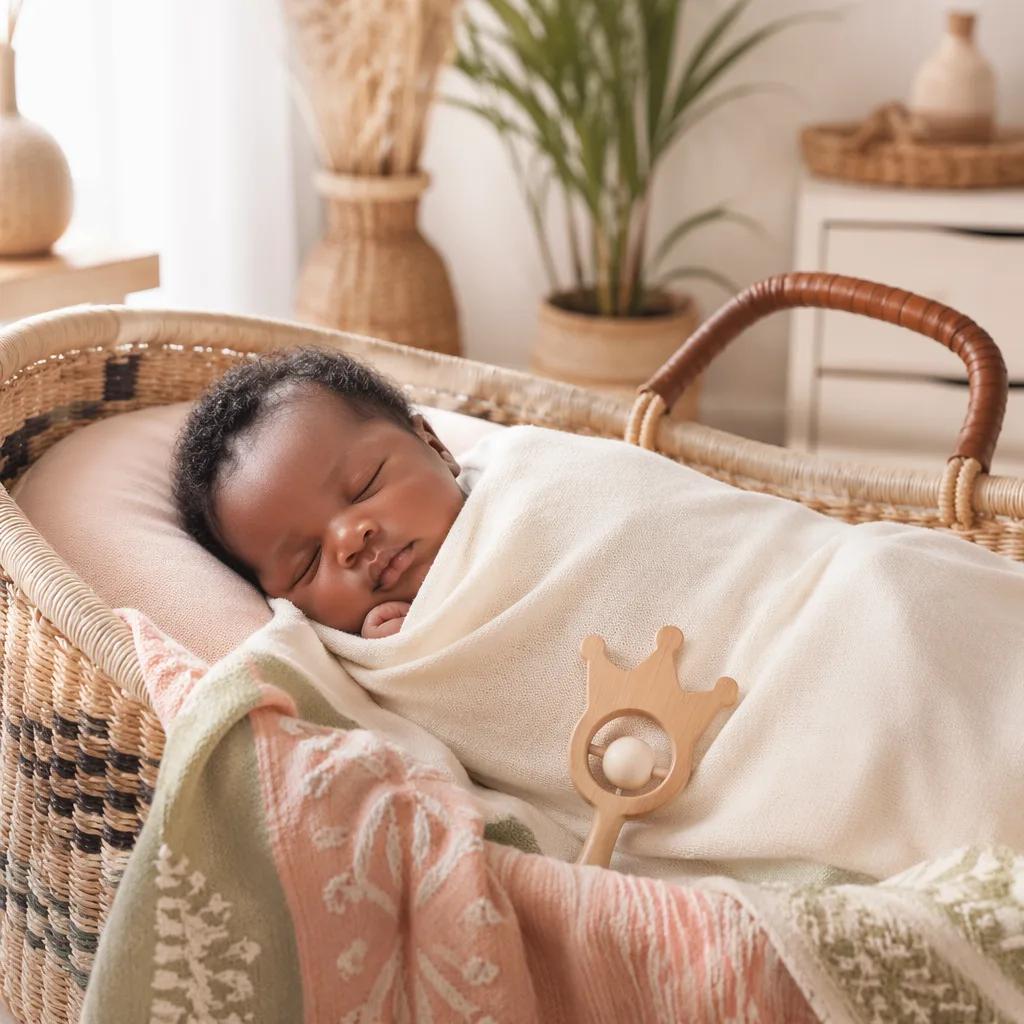 A peaceful swaddled newborn in a cozy nursery with soft Igbo-inspired woven accents.