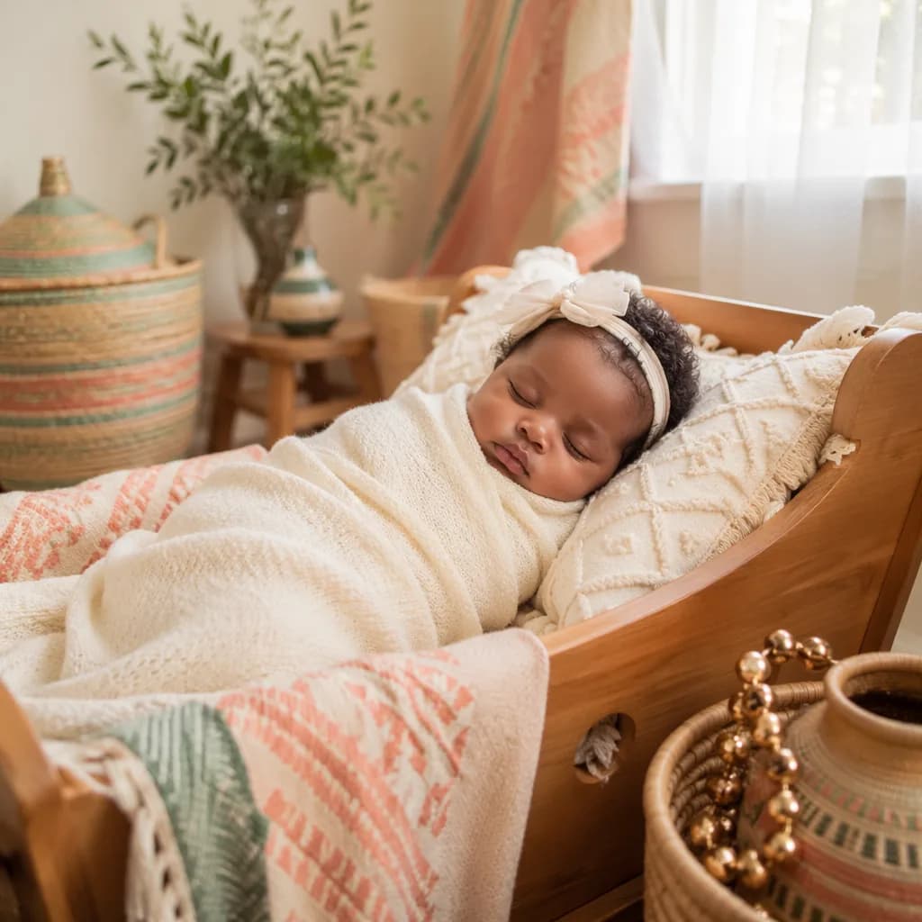 Sleeping Igbo baby in a soft pastel nursery with woven textiles and gentle natural light.