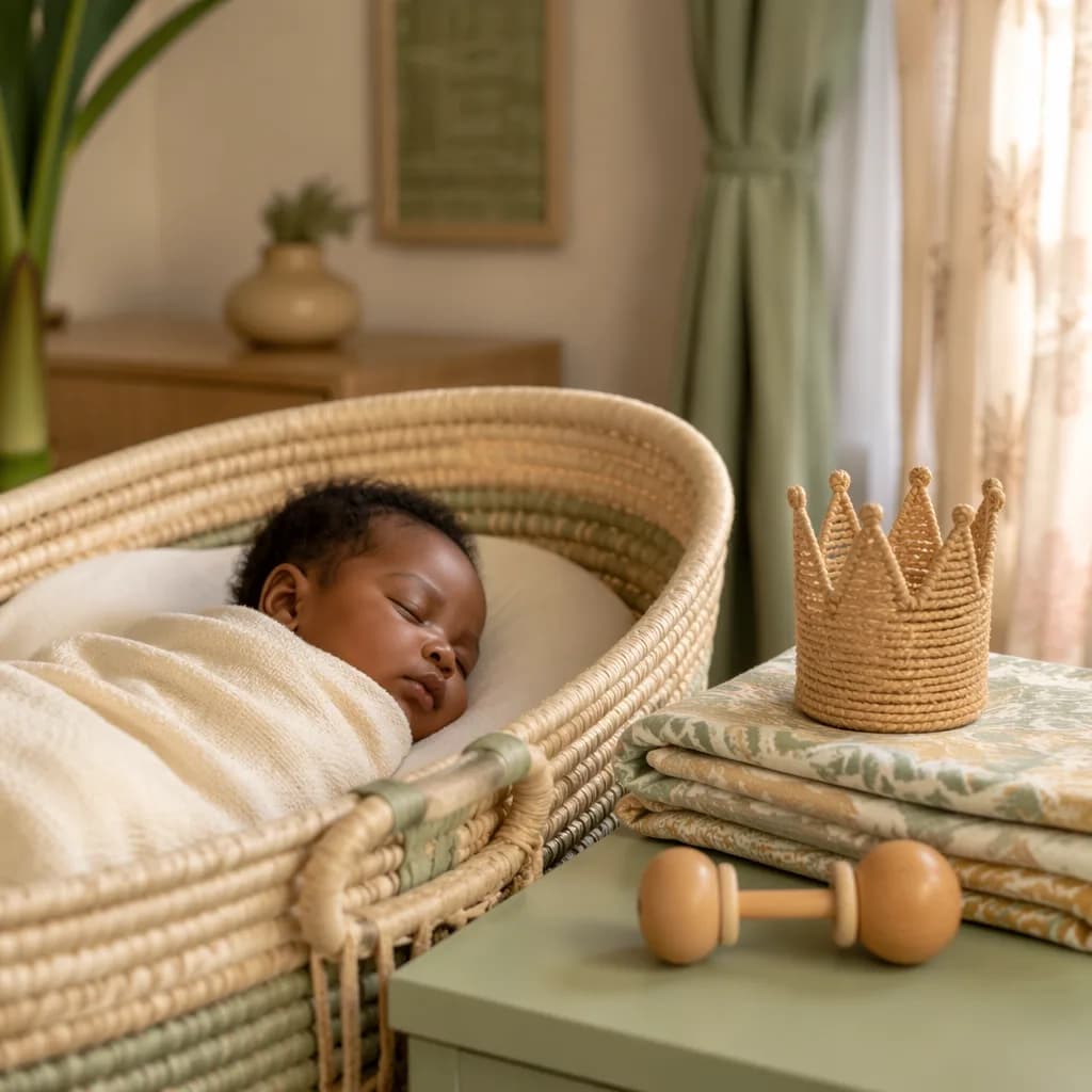 A peaceful Yoruba baby nursery scene with a sleeping baby, soft pastels, and a small crown keepsake.
