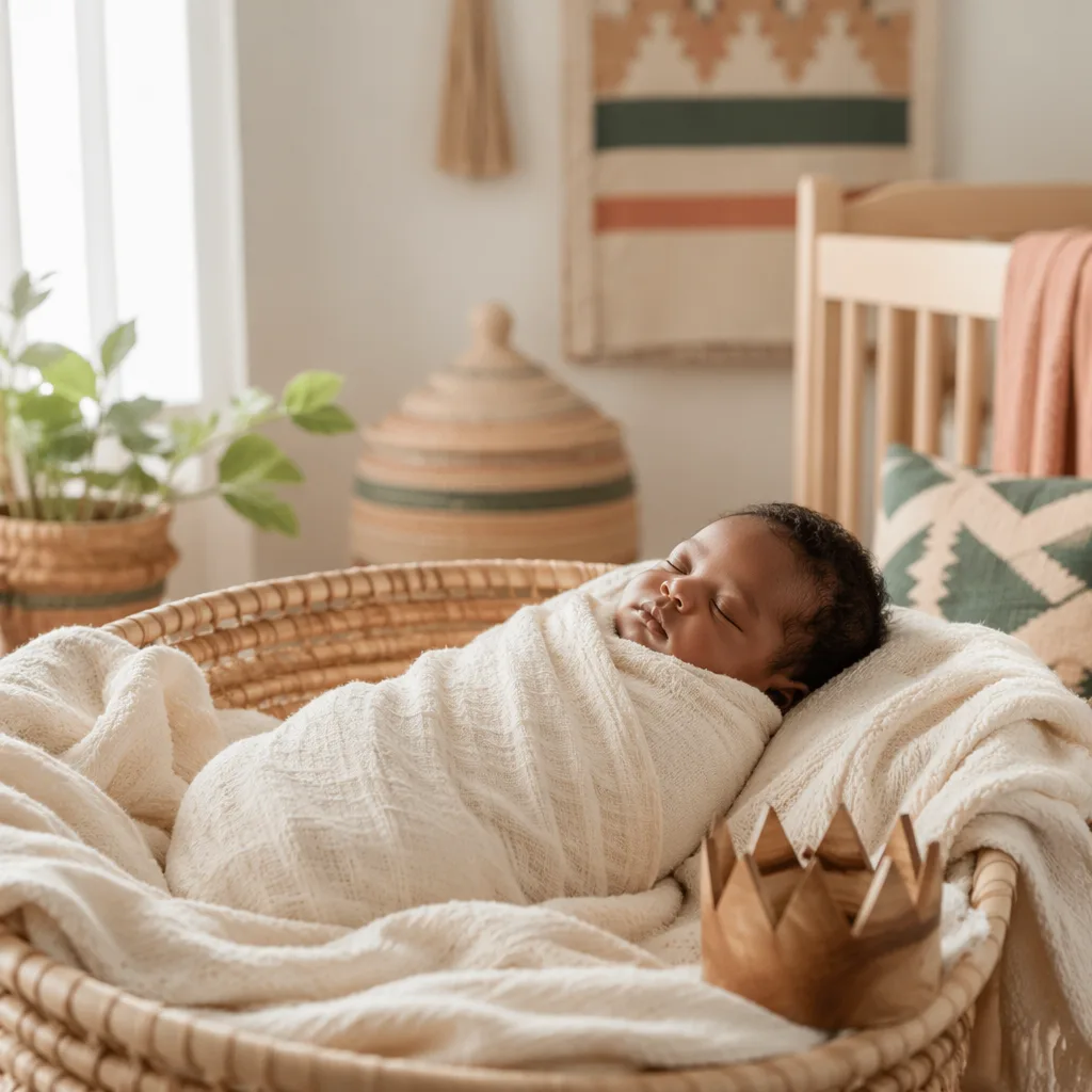 Sleeping baby in a warm pastel nursery with Yoruba-inspired textiles and a small crown keepsake.